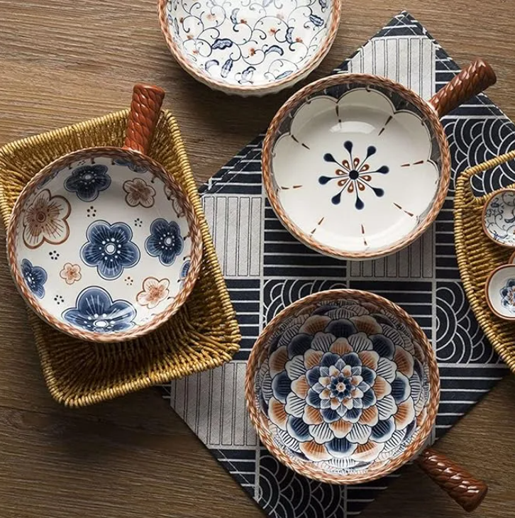 Techmanistan Mandala Ceramic Noodle Bowl with Handle – Microwave Safe, Korean Style